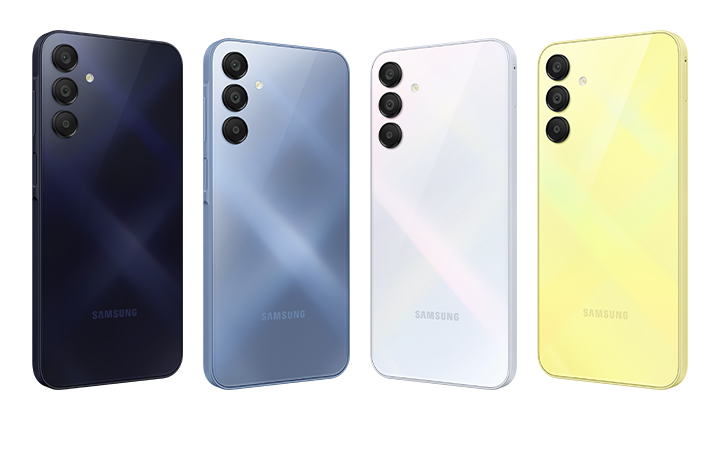 Four Galaxy A15 devices are shown with all of them showing their backsides. The devices colorways are, from left to right, Blue Black, Blue, Light Blue and Yellow.