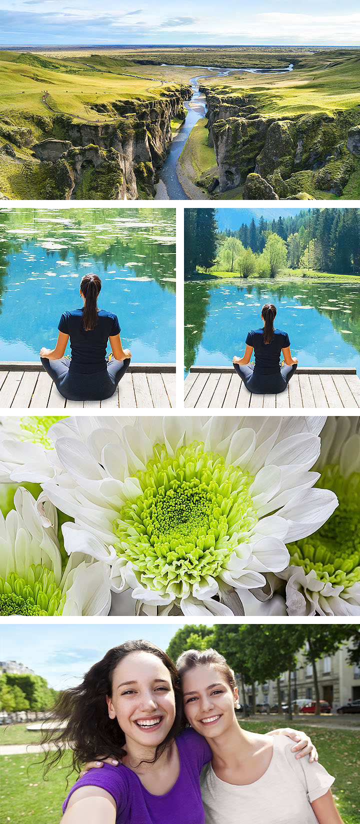 Five images are shown, each image highlighting what each camera is capable of. A beautiful landscape of a river flowing through a valley was taken by the 50MP Main camera. A portrait of a woman sitting, meditating at a dock by the waters, dressed in black and turned around, is shown twice with one image showing a wider angle to highlight the 5MP Ultra Wide camera. A detailed image of a single white flower was taken by the 2MP Macro camera. A selfie of two smiling women was taken by the 13MP Front camera.