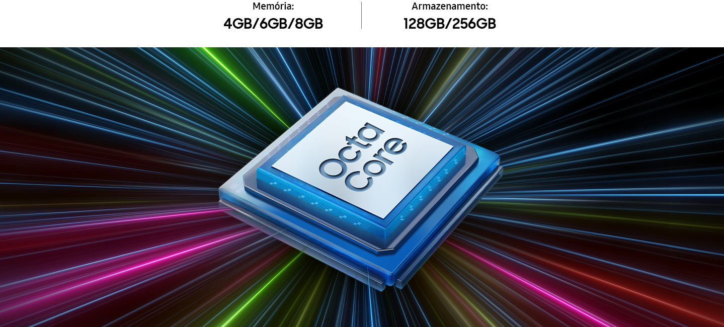 Um microchip azul com um centro branco mostra o texto 'Octa Core' no centro. Raios de luz em várias cores convergem atrás do microchip. Memória de 4GB/6GB/8GB, Armazenamento de 128GB/256GB.