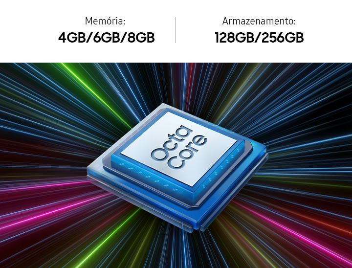 Um microchip azul com um centro branco mostra o texto 'Octa Core' no centro. Raios de luz em várias cores convergem atrás do microchip. Memória de 4GB/6GB/8GB, Armazenamento de 128GB/256GB.