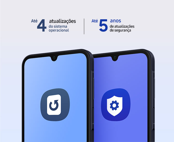 Two Galaxy A15s in Blue Black are side by side. On the screen of the first device is the OS Update icon. On the screen of the second device, the Knox Advanced Setting icon is shown. OS Upgrades up to 4 times, Security Updates up to 5 years. 