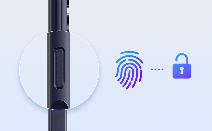 A side profile of the Galaxy smartphone is shown, with the fingerprint sensor enlarged and magnified. Right by the sensor, a fingerprint icon and an unlock icon are shown with a short dotted line between them.
