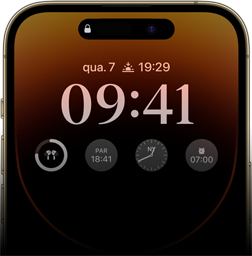 Imagem da frente do iPhone 14 Pro mostrando a tela Sempre Ativa com o horário, a data, quatro widgets e outras informações.