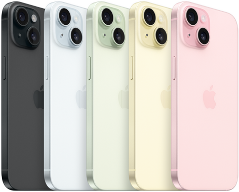 Imagem da parte de trás do iPhone 15 mostrando o sistema de câmera avançado e o vidro colorido por infusão em todas as cores: preto, azul, verde, amarelo, rosa.