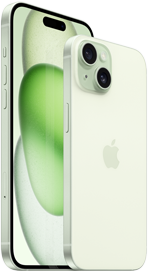 iPhone 15 Plus de 6,7 polegadas e iPhone 15 de 6,1 polegadas são mostrados juntos para uma comparação de tamanho.